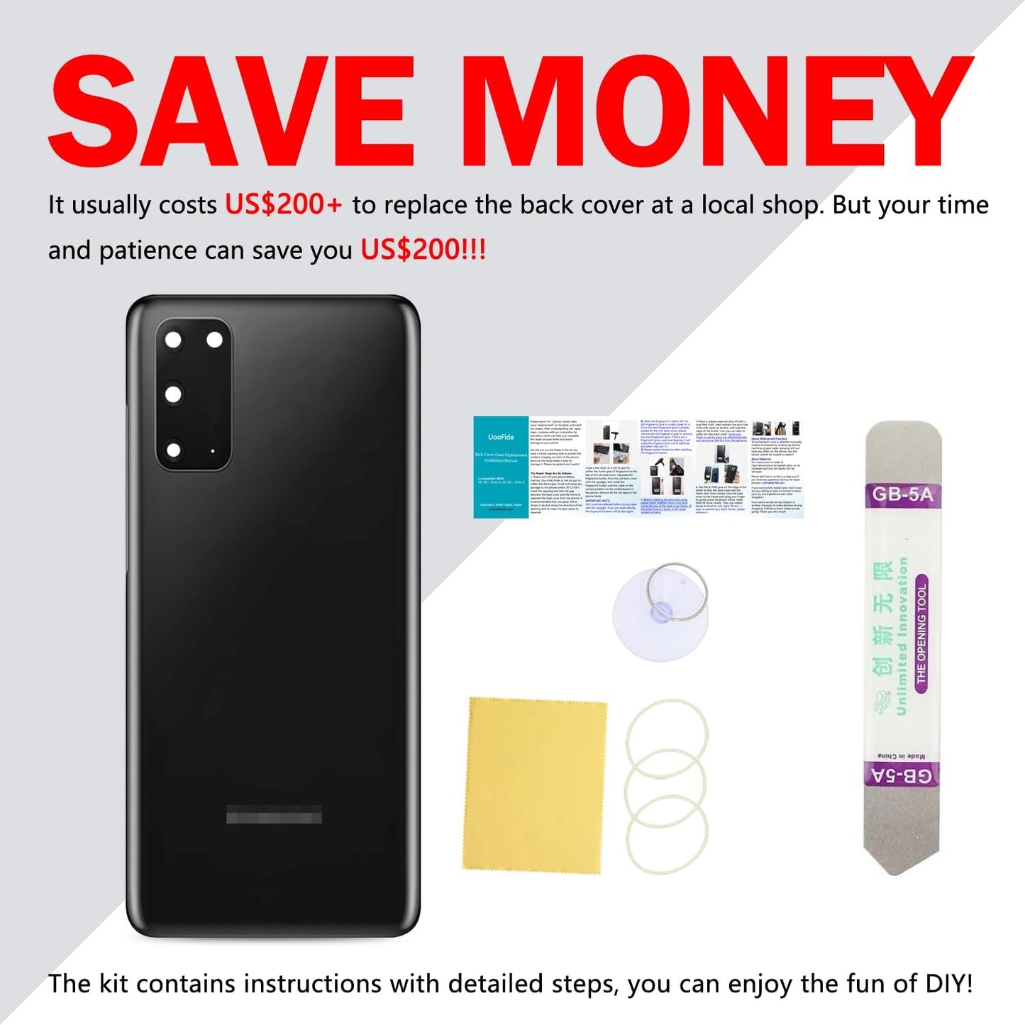 Samsung Galaxy S20 Back Glass Cover Replacement, 6.2-Inches, Cosmic Black, Installation Manual