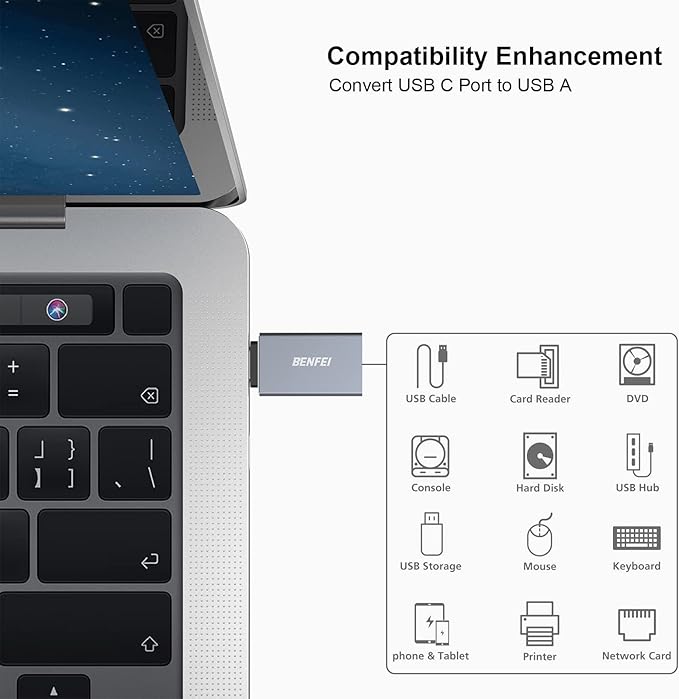BENFEI 5 Pack USB C to USB 3.0 Adapter, USB C to A Male to Female Adapter Compatible with iPhone 15 Pro/Max, MacBook Pro/Air 2023, iPad Pro, iMac, S23, XPS 17, Surface Book 3 and More - Gray
