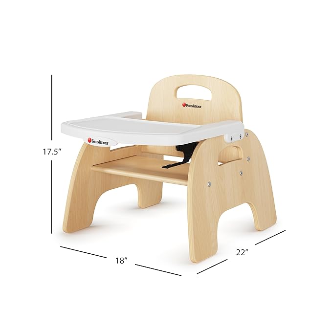 Foundations Easy Serve 7" Wood Feeding Chair for Toddlers, Adjustable Harness, Removable Dishwasher Safe Tray, “No Tip” Base, Baltic Birch Plywood