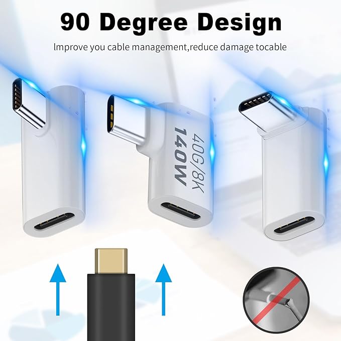 Poyiccot USB C Extension Adapter, 40Gbps Data, 140W Power, 8K Video, 90 Degree USB C Adapter Support for Thunderbolt Devices, Notebook, Tablet & Phone, in White, 5 Pack