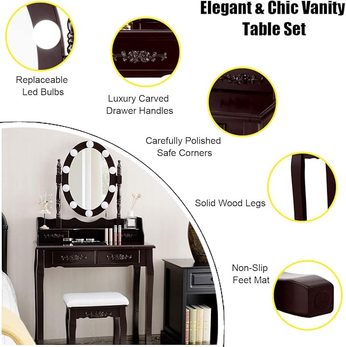 Giantex Makeup Vanity Table with 10 LED Lights, Adjustable Brightness, 3 Color Light Modes, 4 Drawers, Rotatable Mirror, Cushioned Stool, Vanity Desk Dressing Table Bedroom Furniture (Espresso)