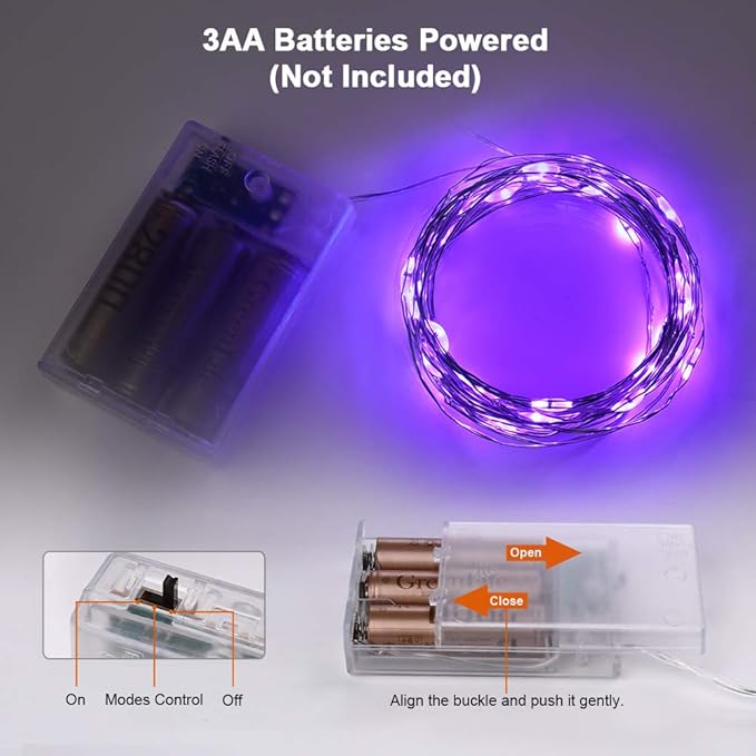 BrizLabs Purple Halloween Lights, 19.47ft 60 LED Purple Fairy Lights, 2 Modes Battery Halloween String Light, Indoor Silver Wire Battery Twinkle Light for Christmas Party Carnival Home Wedding Decor