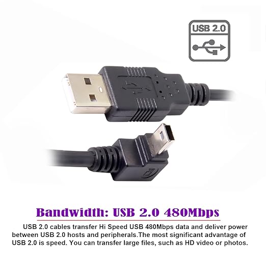 NFHK Mini USB B Type 5pin Male UP Angled 90 Degree to USB 2.0 Male Data Cable 5 Meters with EMI Ferrite Core 50cm