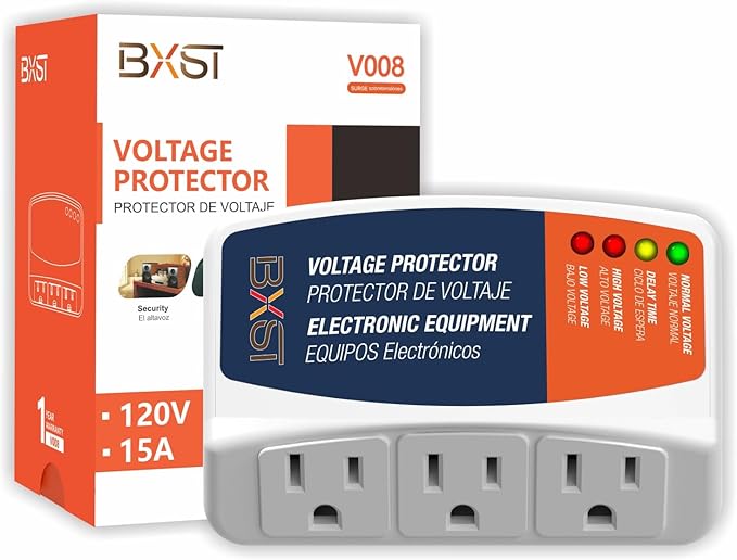 BXST Surge Protector 3 Outlet Power Voltage Protector for Home Protects Against High and Low Voltage Brownout Surge Protector for Refrigerator/TV/PC 15A, 120V, 1800W (1 Pack)