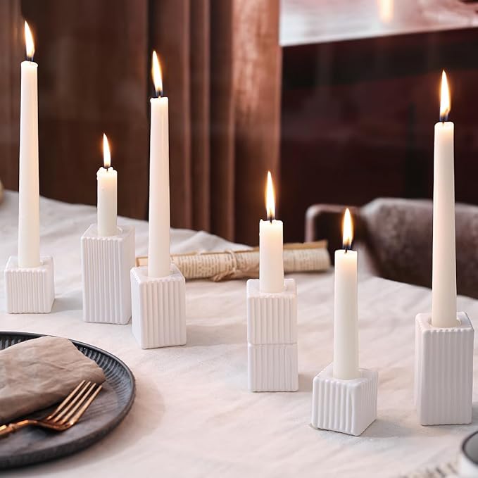 LETINE 12pcs White Vertical Stripe Glass Candlestick Holders - Modern Farmhouse Taper Candle Sticks Holder Set for Elegant Dining & Home Decor,Ideal Candle Holders for Wall, Living Room Decor