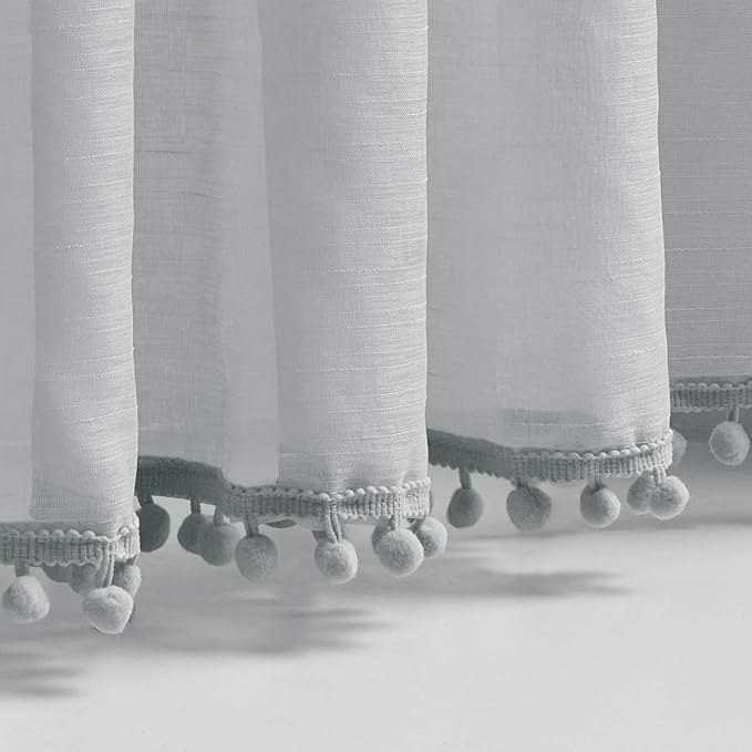Treatmentex Pompom Sheer Curtains for Bedroom Windows 72" Light Grey Linen Texture Curtain Panels for Living Room Office 2panels
