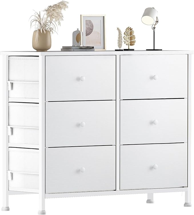 BOLUO White Dresser for Bedroom 6 Drawer Organizers Fabric Storage Chest Tower Small Dressers Unit for Closet Nursery Hallway Office, Kids and Adult Modern
