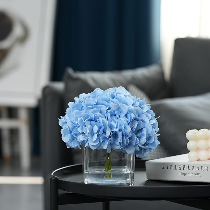 Silk Blue Artificial Hydrangea in Vase with Faux Water, Silk Flower Arrangements in Vase for Home Decor, Wedding Table (Blue)