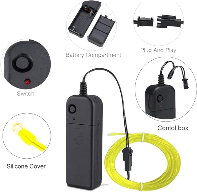 MaxLax EL Wire Fluorescen Green, 16.4ft/5m Portable Battery Pack Neon Light Strip 360° Cuttable Glowing Rope Lights for Parties, Halloween, DIY Decoration