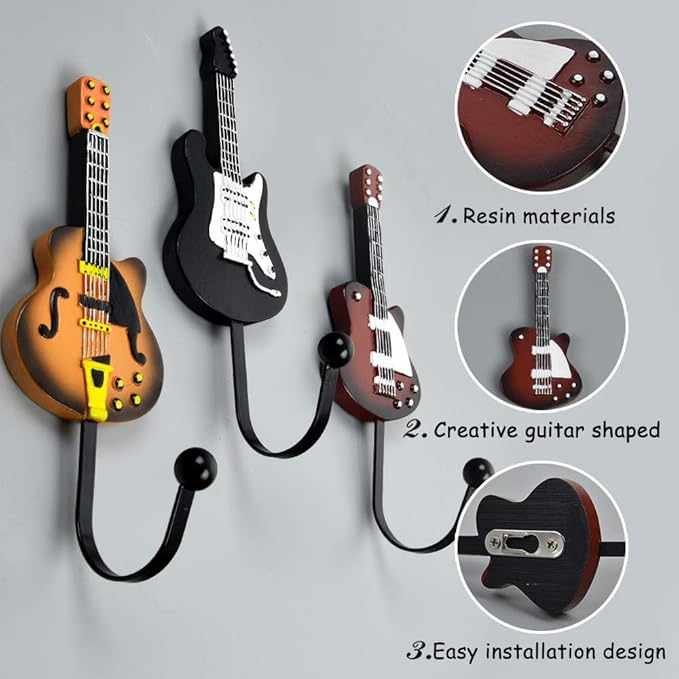 KUNGYO Vintage Guitar Shaped Decorative Hooks Rack Hangers for Hanging Clothes Coats Towels Keys Hats Metal Resin Hooks Wall Mounted Heavy Duty (3-Pack) (Guitar Hook-B)