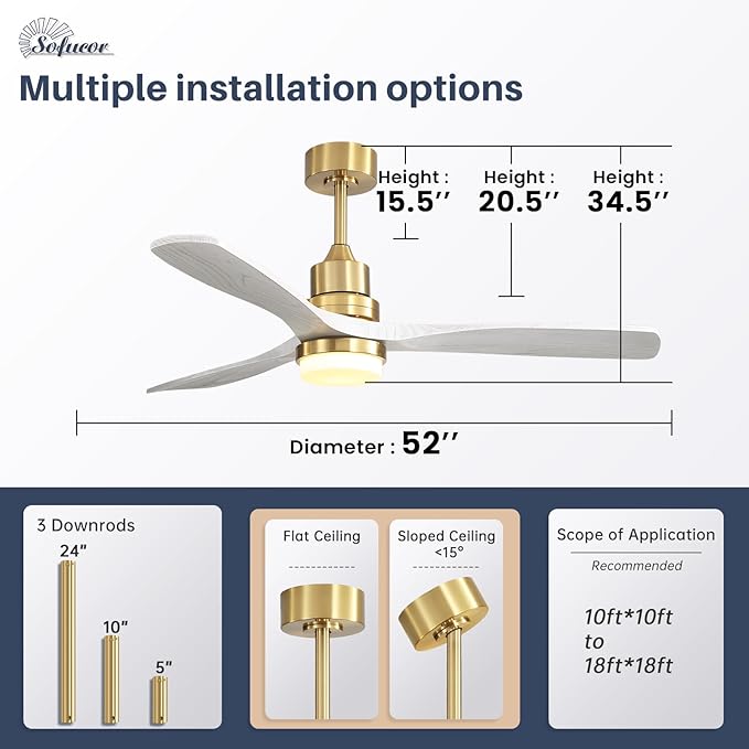 Sofucor Ceiling Fans with Lights and Remote, 52 Inch Low Profile Indoor/Outdoor Ceiling Fan with Light, Reversible DC Motor, 6 Speeds, Solid Wood 3 Blades Ceiling Fans for Bedroom Living Room Patio