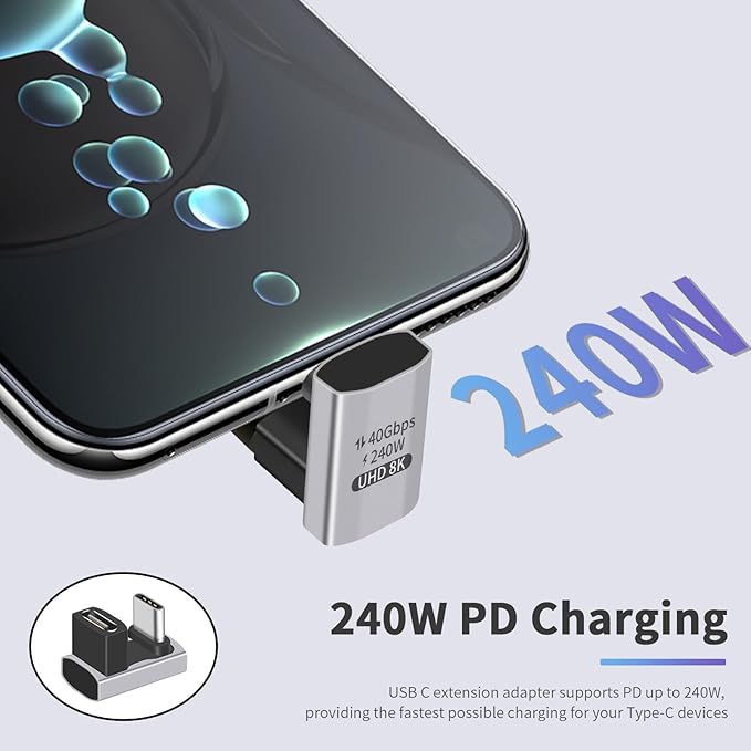 Duttek USB C 180 Degree Adapter 240W PD, 8K@60Hz, 40Gbps,180 Degree USB C Female to Male Adapter Connector for Thunderbolt 4, Thunderbolt 3, Switch, Laptop, Tablet, Phone and More 2 Pack
