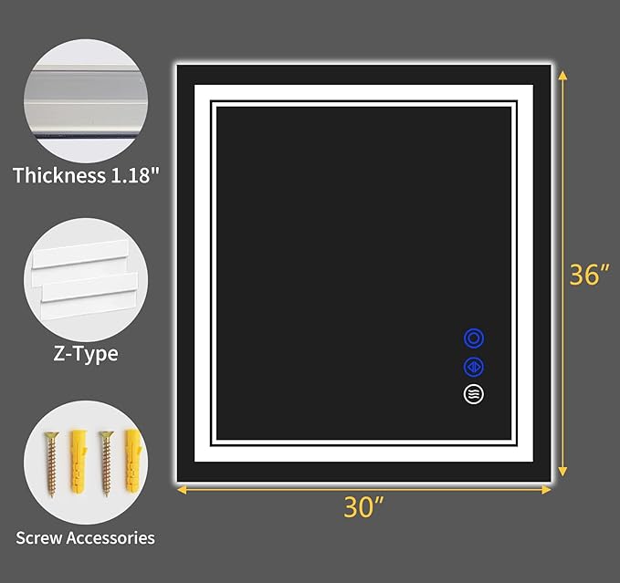 36"x30" LED Bathroom Mirror with Anti-Fog, Stepless Dimmable Lights, 3 Color Modes, Shatter-Proof Tempered Glass, Memory Function & Waterproof Design