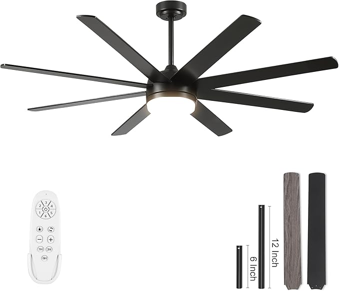 YUHAO 62 Inch Black Ceiling Fan with Light and Remote Control.Noiseless,Dimmable,3CCT,6 Speeds Reversible, DC Ceiling Fans for Indoor or Covered Outdoor