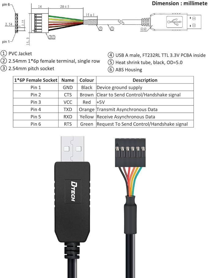 DTECH 3ft USB to TTL Serial Cable 3.3V 6 Pin UART Adapter Genuine FTDI FT232RL Chip Debug Cord Compatible with Windows 11 10 8 7 Linux MAC OS 6Pin 3v3 Level Signal 2.54mm Dupont Female Header