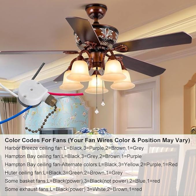 Ceiling Fan Switch Zing Ear ZE-208s E89885 3 Speed 4 Wire Pull Chain Switch with 4 Pre-Installed Wires Replacement Part for Hunter, Hampton Bay, Harbor Breeze Fans (Bronze Chain)