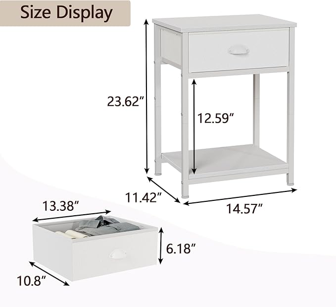 Furologee White Nightstand with Fabric Drawer, Small Side Table for Small Spaces, 2 Tiers Storage Shelves End Table, Night Stand for Living Room, Bedroom, Dorm