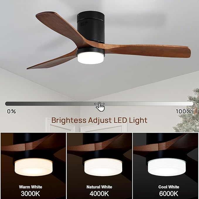 Sofucor 52 Inch Ceiling Fans with Lights, Flush Mount Ceiling Fan with Lights Remote Control, Indoor/Outdoor Ceiling Fan Light, Reversible DC Motor, 3 Blade Solid Wood Ceiling Fans for Bedroom Patio