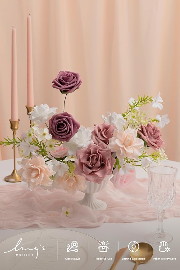 Ling's Moment Artificial Flowers Fake Roses Faux Foam Gardenia Combo for DIY Wedding Bouquets Centerpieces Arrangements Bridal Shower Party Home Decorations, Mauve & Blush, 24pcs