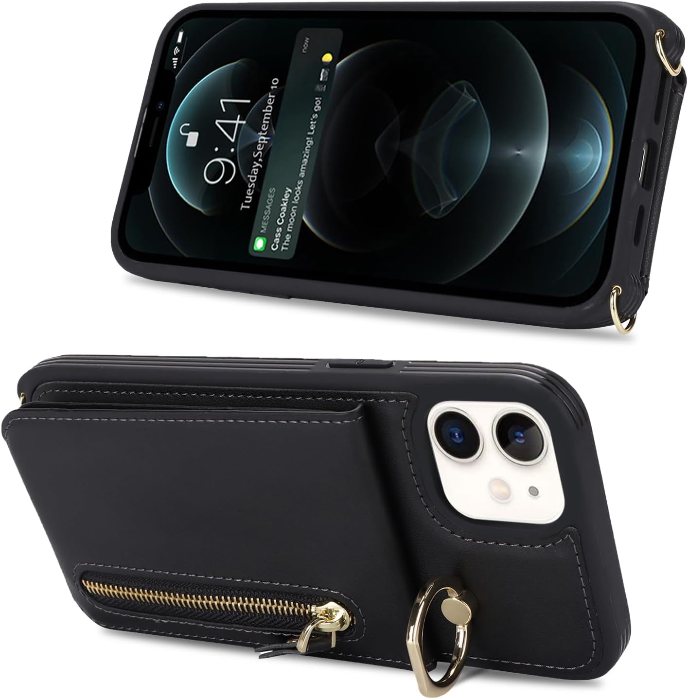 iPhone 12 Case Wallet with Card Holder for Women, Crossbody with Strap, Kickstand Zipper Case - Black