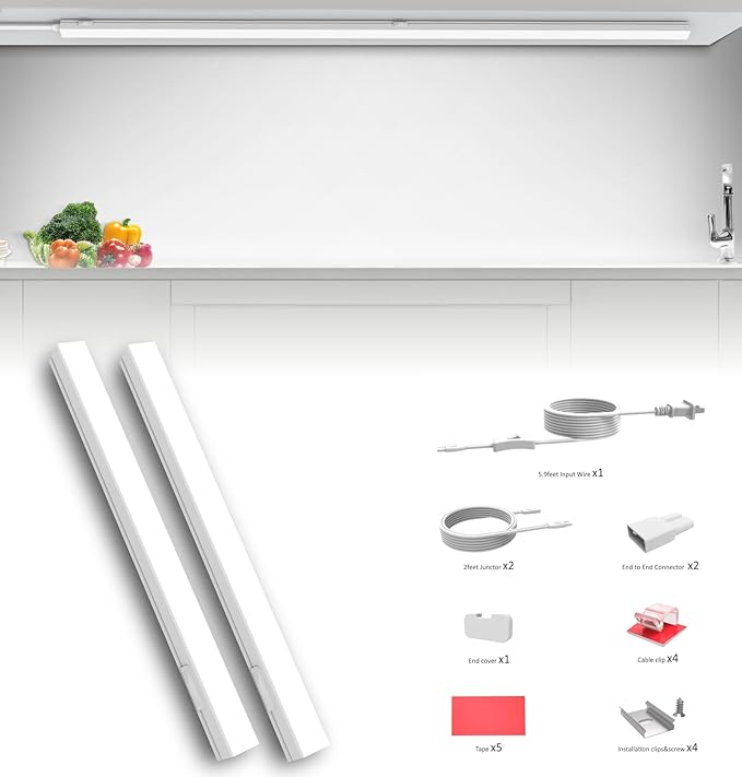 Under Cabinet Lighting Plug in, 16 Inch 2 Pcs, Linkable AC120V 3CCT 3000K/4000K/5000K Ultra Slim, LED Under Cabinet Lights for Counter Light, Kitchen, Shelf, Sink, Workshop, Desk, White