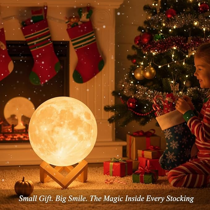 Mydethun Moon Lamp - 3D Printed LED Night Light 4.7' with Wooden Base, White Elephant Gift for Women, Mom, Kids, Christmas Thanksgiving Table Decor Touch-Dimmable & Dual-Color, White & Yellow