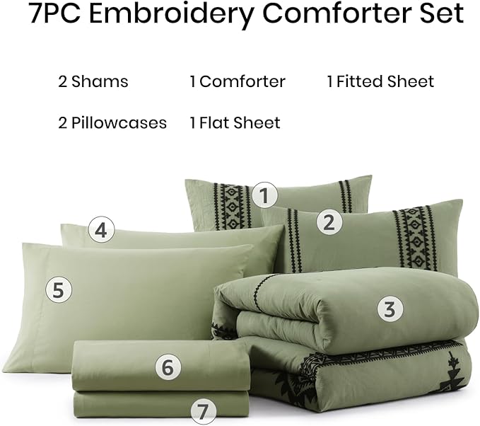 MaiRêve Embroidery King Size Comforter Set Light Olive Green, Farmhouse Western Boho Bedding Set 7 Pieces, All Season Bed in A Bag Comforter Set with Sheets, Pillowcases & Shams
