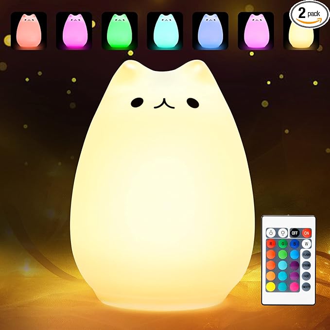 Litake Cute Cat Night Light, Squishy 16 Colors Changing Cat Lamp with Remote, Kitty Cat Touch Light, Silicone Baby Nightlight for Kids,Christmas Gifts for Kids Girls Boys Teen Room Decor Multi-Mode