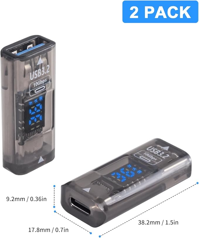 Poyiccot USB C Female to USB Female Adapter, Type C to Type A Adapter 3.2 with LED Digital Display, 10Gbps Data Sync & Charging Converter Compatible with iPhone, Galaxy, Laptop, 2-Pack