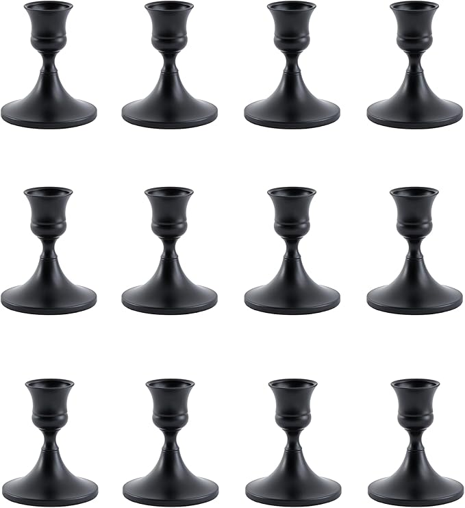 Black Taper Candle Holder, Candlestick Holders, Vintage Metal for Table Centerpieces Wedding Decor (Matte Black, 12 Pcs)