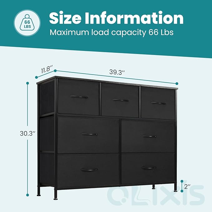 OLIXIS Dresser for Bedroom, 7 Storage Drawers, Wide Fabric Closet Chests Organizer Tower Furniture, TV Stand with Wooden Top Metal Frame for Clothes, Living Room, Hallway, Entryway, Black