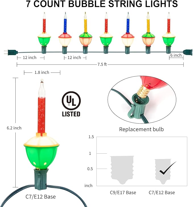 Multicolor Christmas Bubble Lights with 7 Clear Bulbs, UL Listed for Holiday Christmas Celebrations Lighting, Green Wire