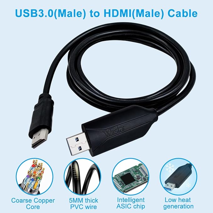 USB to HDMI Adapter with chip 4.92FT Cable，USB 3.0 & 2.0 to HDMI 1080P Video Audio Converter for PC, Laptop to Monitor，HDTV Support Android,XP/7/8/10,MAC OS