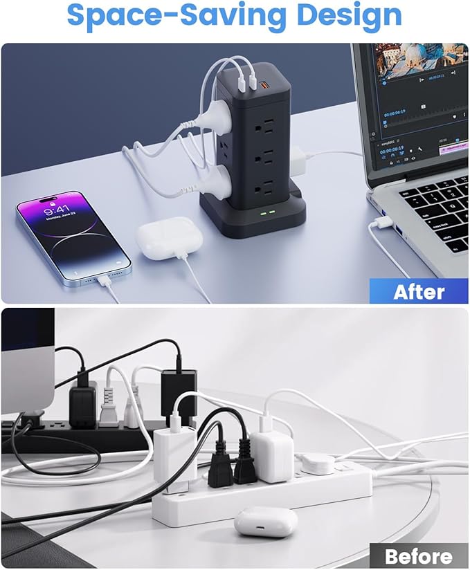 15-in-1 Power Strip Tower with Surge Protector 1800J, Fast Charging Tower PD20W USB-C Ports with 12 AC Outlets, 9.8ft Extension Cord for Home Office Dorm Room, White
