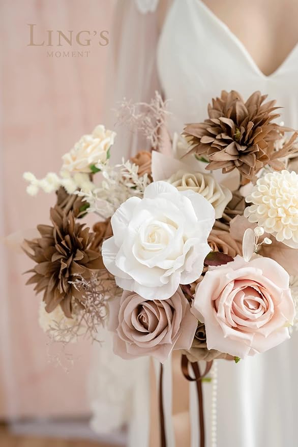 Ling's Moment Artificial Flowers Fake Silk Roses Faux Foam Dahlia Combo for DIY Wedding Bouquets Centerpieces Arrangements Bridal Shower Party Home Decorations, Morandi Peach & Cream, 24pcs