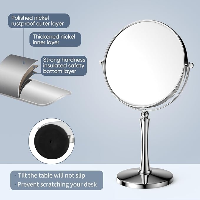Nicesail 8” Desk Vanity Mirror, Personal Makeup Mirror Double-Sided with 1X/10X Magnification Magnified Mirror, Makeup Mirror for Home Hotel Desktop, Small Vanity Mirror, Chrome 10X