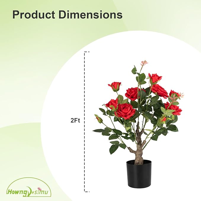Artificial Rose Flower Trees 2 Pack- 24’’ Lifelike Plant in Pot with Red Flowers Decorative Rose Trees for Home, Office, Wedding, and Event Decor, Red