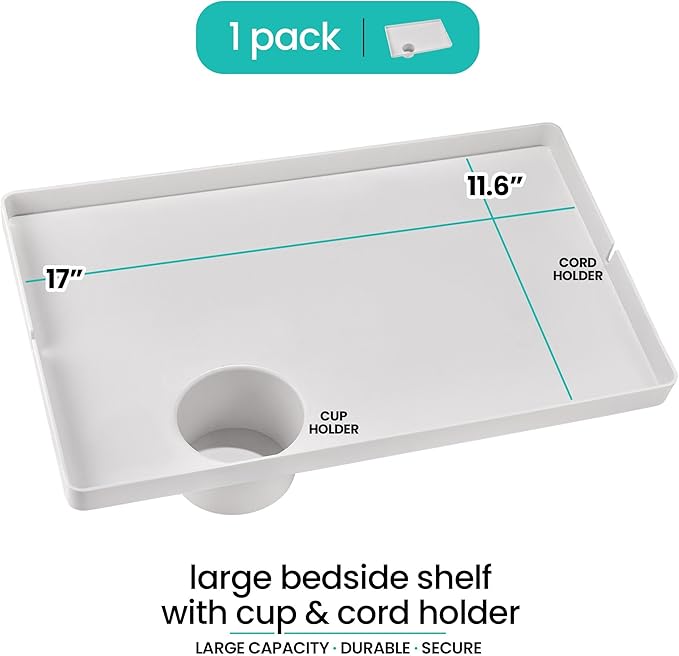 Modern Innovations Large White Bedside Shelf for Bed, 1 Count Clip On Nightstand with Cup Holder and Cord Holder, College Dorm Bunk Bed Shelf for Top Bunk or Kids Bedroom