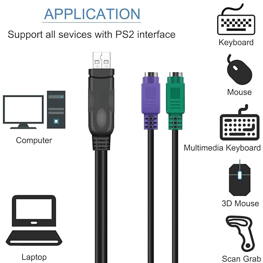 PS/2 to USB Adapter Keyboard Mouse Adapter Cable, PS/2 Female to USB A Male Plug with Chip, 2 PCS 2 in 1 PS-2 to USB 2.0 Converter Cord