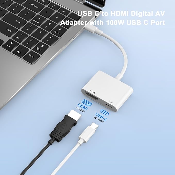 USB C to HDMI Adapter, Type C Digital AV HDTV Adapter 4K@60Hz HDMI Sync Screen Connector Cable with 100W USB C Charging Port for iPhone 16/16 Plus/16 Pro/16 Pro Max/15/15 Plus/15 Pro/15 Pro Max