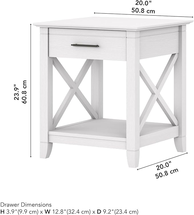 Bush Home End Table with Drawer, Nightstand with Storage, Living Room and Bedroom Furniture, Key West Collection, Pure White Oak