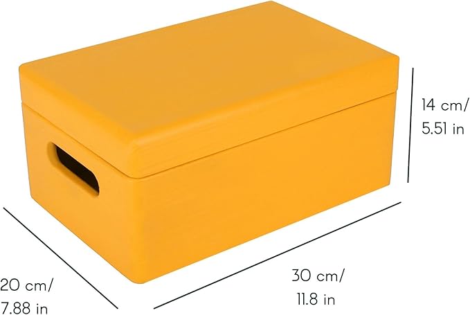 Large Yellow Wooden Box Storage with Hinged Lid | 11.8 x 7.87 x 5.51 inches (+-0.5) | with Handles | Gift Box for Tool Dog Toy Shoes Clothes Kitchen Storage | Wood Keepsake Chest