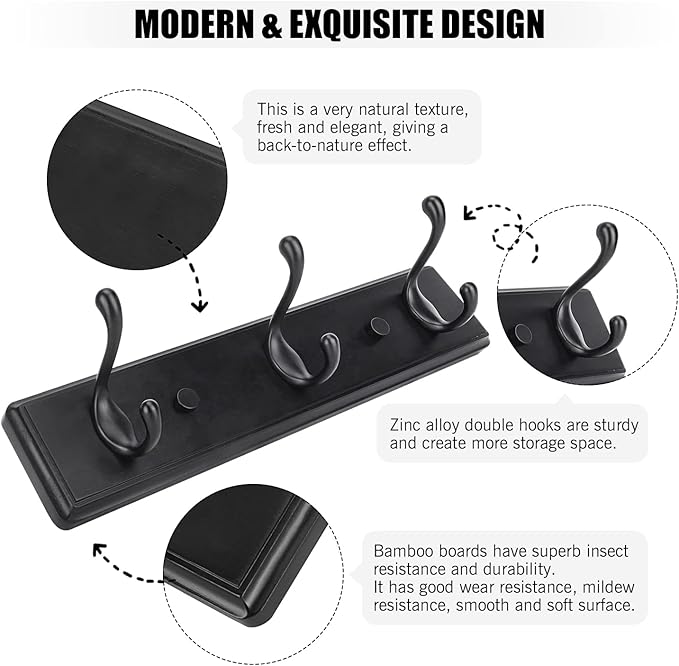 Wooden Coat Rack, Wall-Mounted Organizer for Closet, Entryway, Hallway, Foyer, Bedroom, Heavy Duty Double Hooks for Hanging Towels, Bags, Hats, Jackets, Key (Black, 3 Hooks)