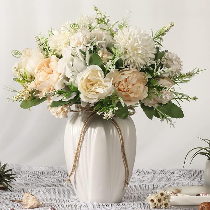 JARELING Peonies Artificial Flowers in Vase, Fake Hydrangea Silk Peony Flower Bouquet with Vase Faux Flowers Arrangement Decor Home Table Dining Room (White)