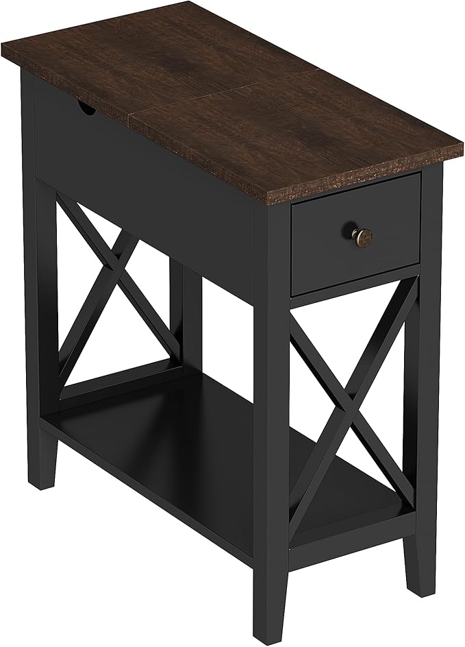 ChooChoo Rustic End Table with Drawer, Accent Small Side Table Nightstand for Living Room, Bedroom, and Small Spaces - Black & Brown
