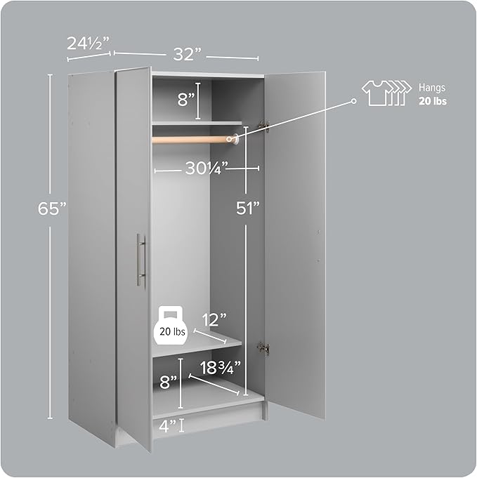 Prepac Elite 32" Storage Cabinet, Light Gray Storage Cabinet with Hanging Rail and Shelves for Living room, Kitchen and Laundry room 24.5" D x 32" W x 65" H