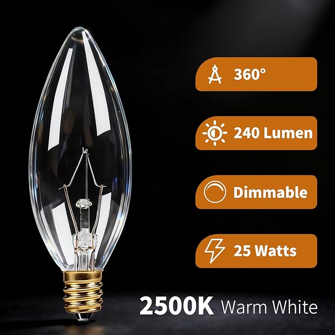 12-Pack E12 Candelabra Light Bulbs 25W, Dimmable Warm White 2500K Chandelier Light Bulbs for Indoor, B10 Clear Bulbs (Gold Base)