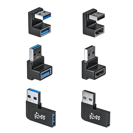 6 Pack 180 Degree & 90 Degree USB 3.1 Adapter, Left and Right Angle USB A Male to Female Extender Connector for PC, Laptop, USB A Car Charger, Surface Pro 7+, Raspberry Pi and More