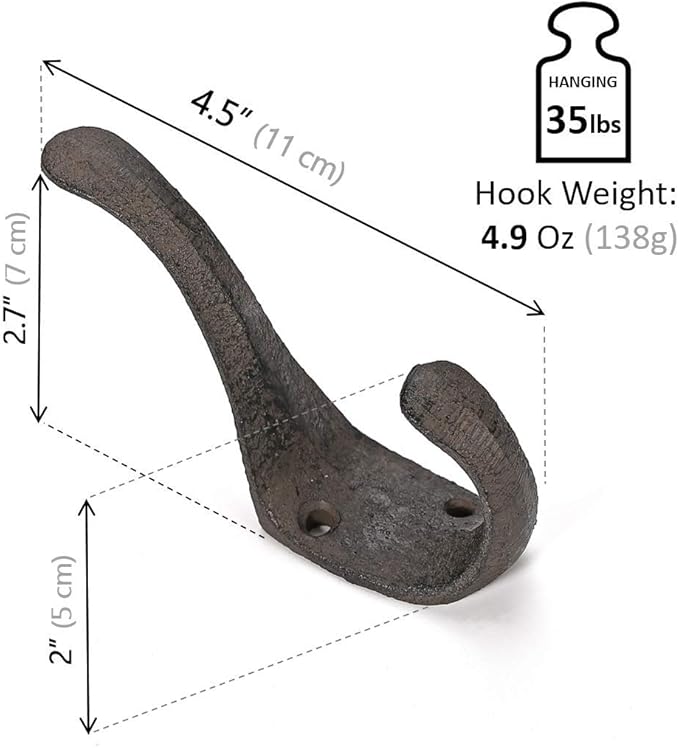 5 Pack Decorative Cast Iron Heavy Duty Double Hooks, Wall Mounted Coat Hooks, Vintage Inspired (Antique Black) (Spoon Hook)