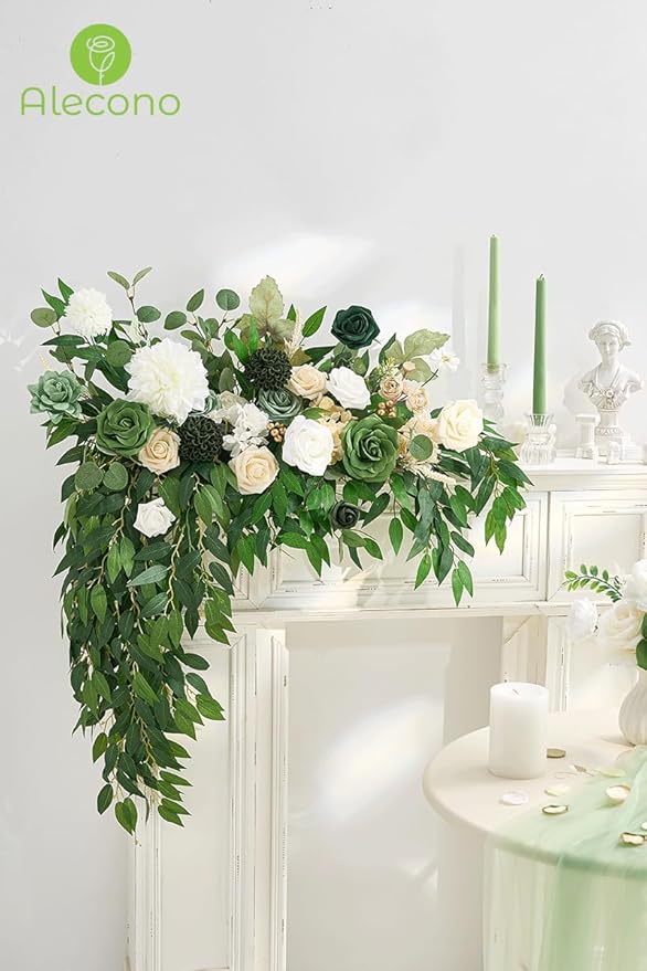 Alecono Artificial Flowers, Silk Fake Green Flowers Combo Box for DIY Cake Wedding Decorations, Faux Flowers for Table Centerpieces Baby Shower Party Home Decor